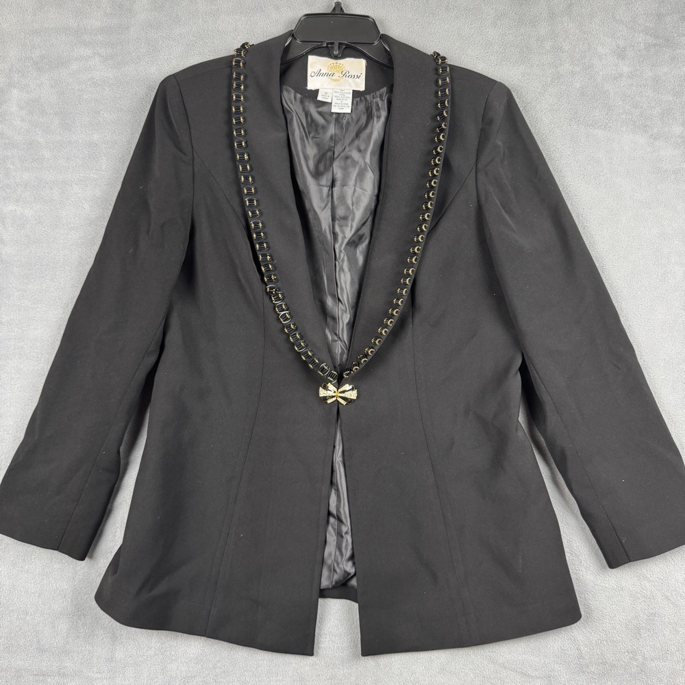 VTG Anna Rossi Black Beaded Evening Blazer Rhinestone Bow Clasp Size 12 Jacket